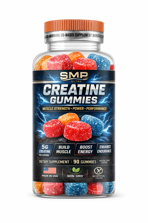 Bottle of SMP Creatine Gummies with colorful gummy bears on a white background
